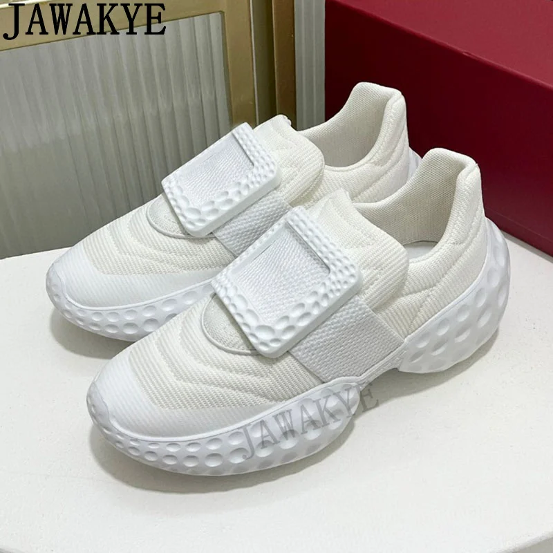 

Classics Famous Knitted Flat Sneakers Shoes Woman Crystal Square Buckle Luxury Casual Brand Shoes Women Comfort Slip on Run Shoe