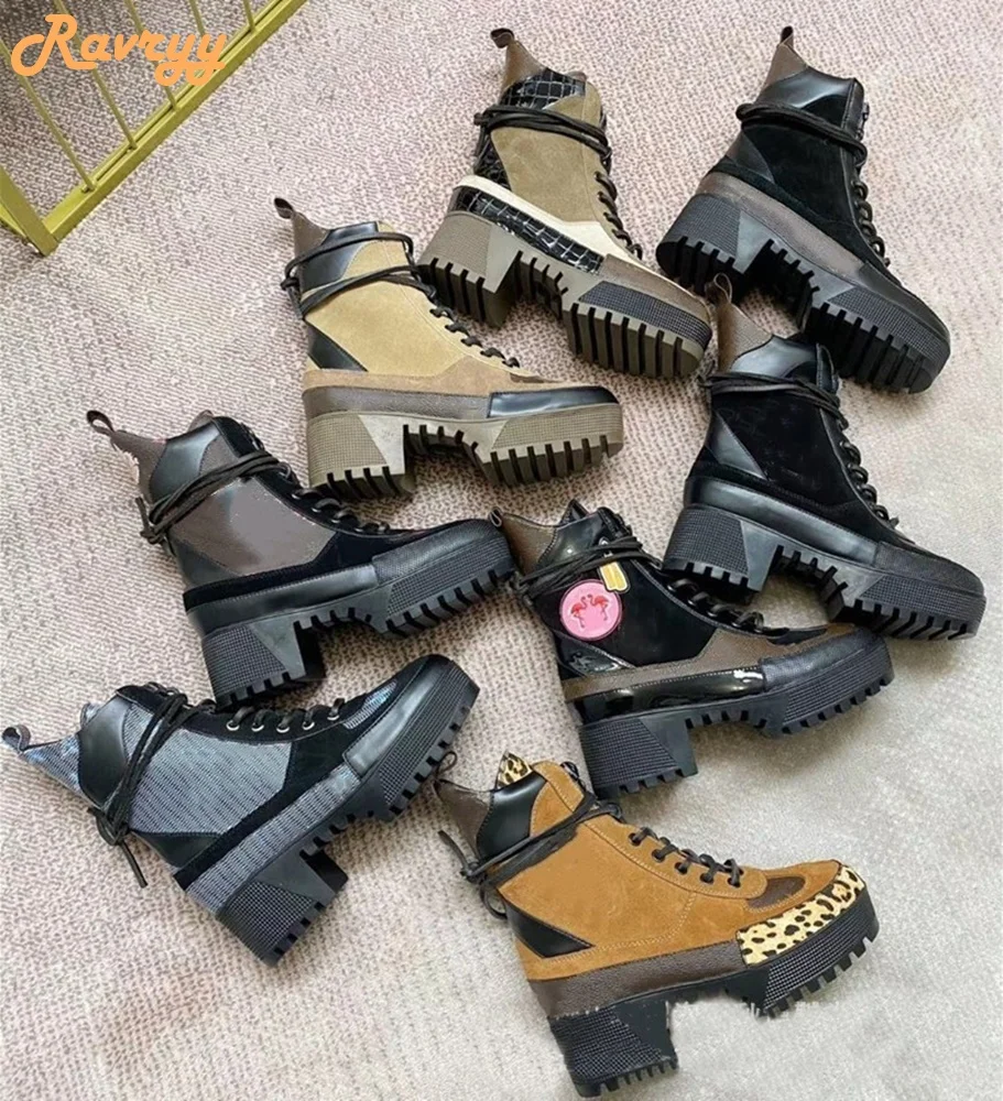 여성용 클래식 두꺼운 밑창 레이스업 부츠, 여성용 앵클 부츠, 따뜻한 인스 스퀘어 힐, 컬러 매칭 오토바이 부츠, 사이즈 패션