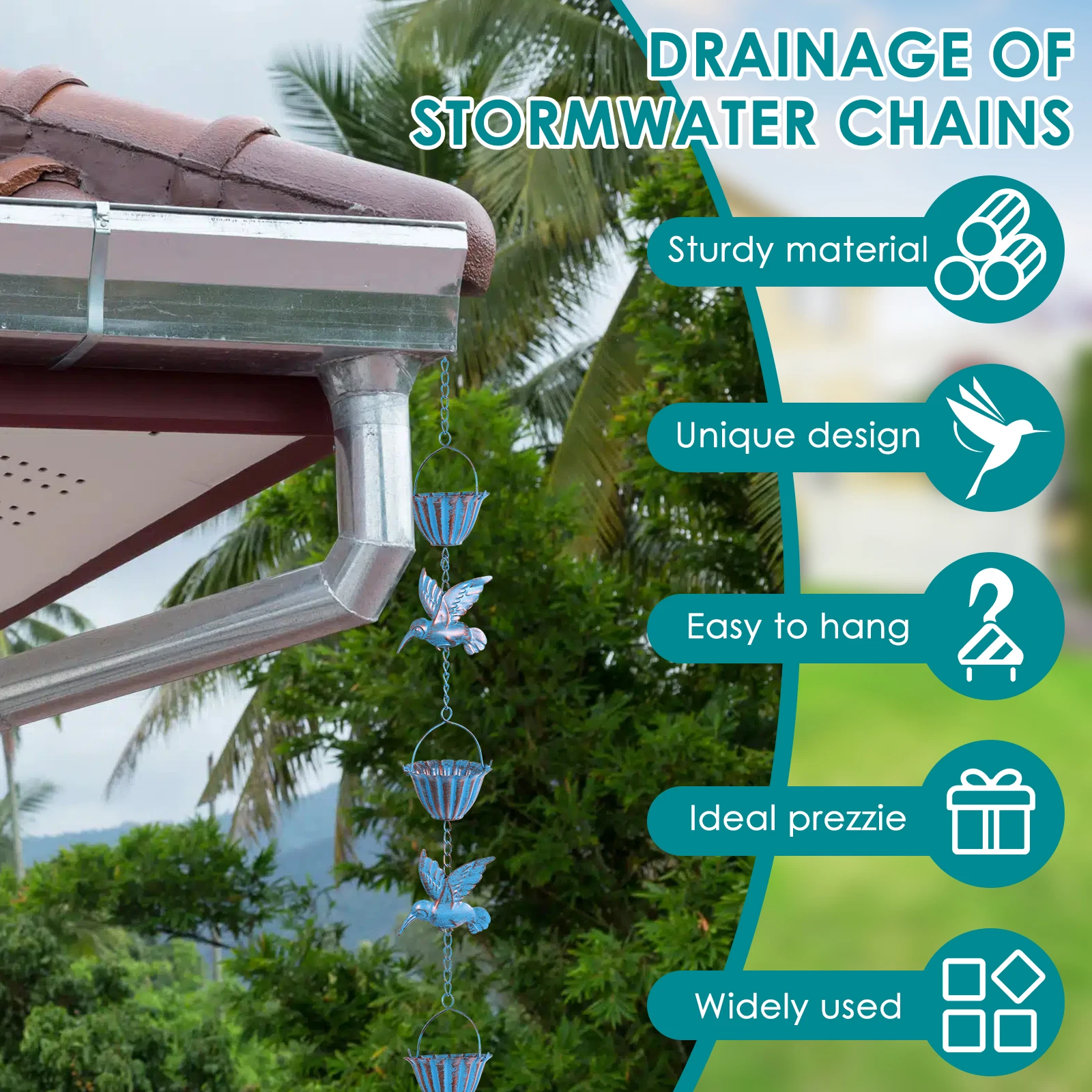 Rain Chain Hummingbird and Cup Shaped Rain Catcher Chain Metal Outdoor Garden Decoration Functional Replacement for Downspout