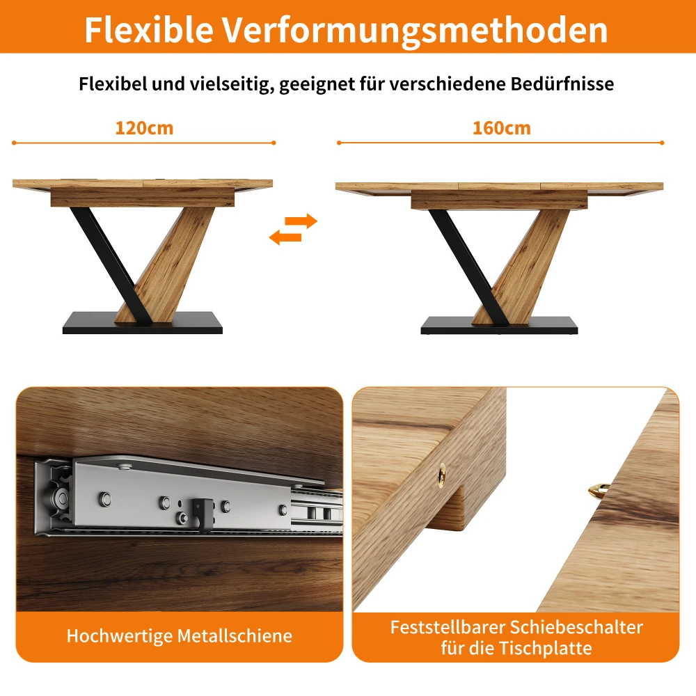 120–160 x 75 x 75,5 cm ausziehbarer Esstisch, Küchentisch, ausziehbar bis 160 cm, für Küche und Wohnzimmer, Holzplanke – Detail 22