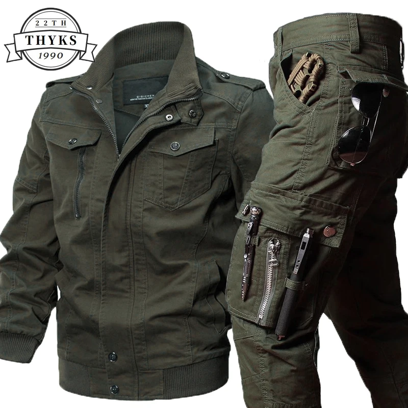 

Mens Tactical Sets Cotton Casual Loose Windpoof Jacket Wear-resistant Pant Outdoor Suit Multiple Pocket Military Sports Male Set