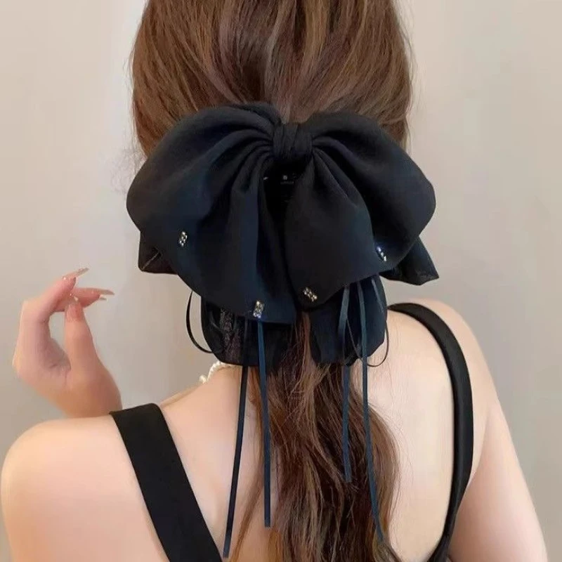 Schwarze modische Haarspange mit Schleife im französischen Stil für Damen, Damen-Haarklammer mit Strass-Haarnadel, Temperament-Kopfschmuck