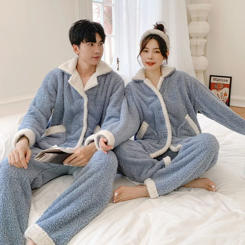 

New Pajama Sets Women's Solid Long Sleeve Winter Woman Fluffy Pijama Suit With Pants Thick Warm Fleece Home Clothes for Female
