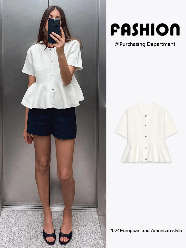 Spring 2025 New Women's Faion ort Skirt Knitted Jaet round Ne ort Sve Commute Sle Outerwear 43303 72