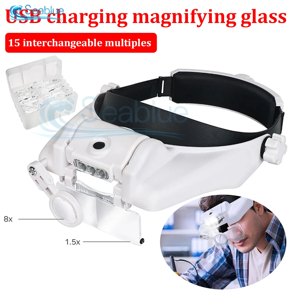 

USB Rechargeable Glasses Loupe Watchmaker Repair Tool Glasses Magnifier LED Headband Magnifying Glass 1.5X 2X 2.5X 3X 3.5X 8X