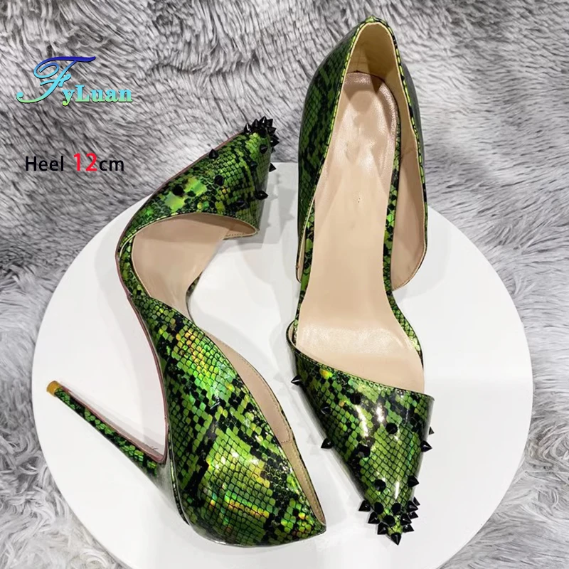 Sexy Side Empty Lady Snake Patted High Heels 8-12cm Fashion Rivet Shoes For Women's Gladiator Green Stiletto Pumps Size 35-45 6