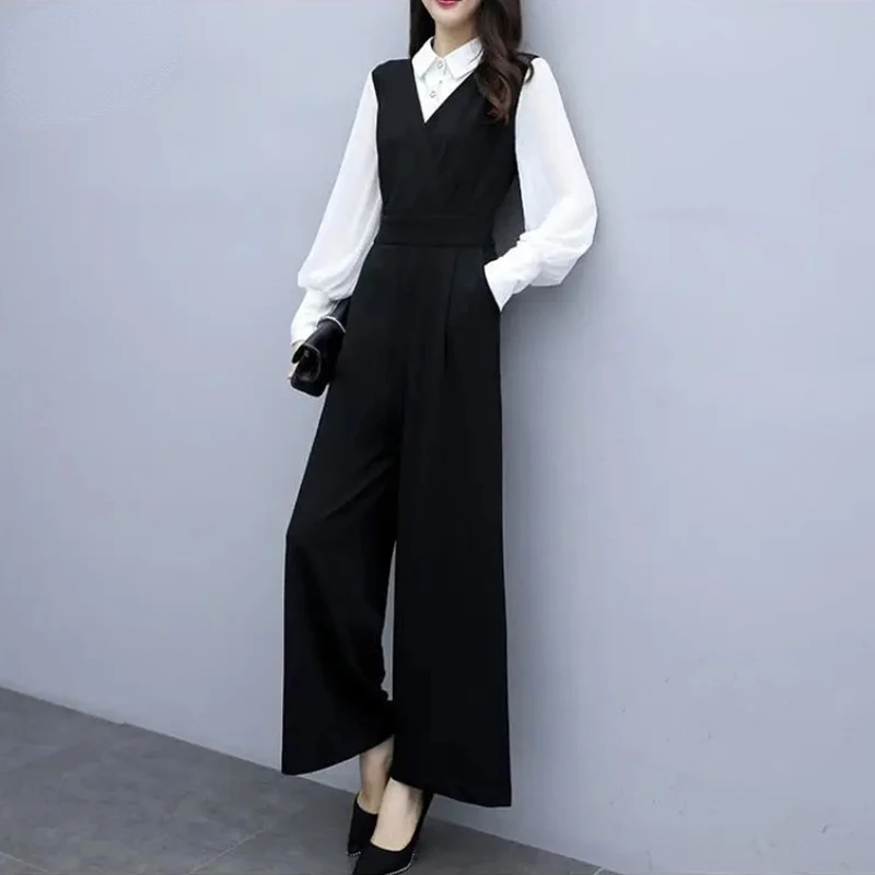 

Elegant Wide Leg Jumpsuit Women Office Lady Work Macacao Korean Fashion Black Baggy Pants Luxury Spring Combinaison Monos N473