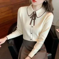 Fashionable Knitted Base Shirt Women's Polyester Fiber Doll Collar Inner Wear Slimming Stylish Top Pure Color Full Sleeve