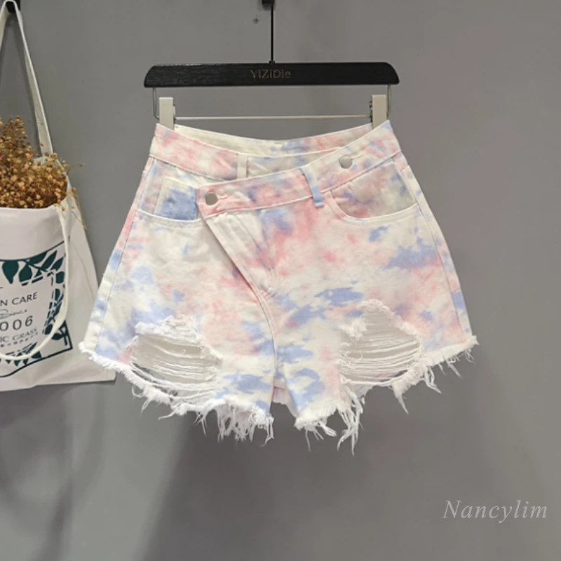 

2022 Fashion Shorts Women New Camouflage White High Waist Denimwear Irregular Ripped Frayed Personality Wide Leg Hot Pants