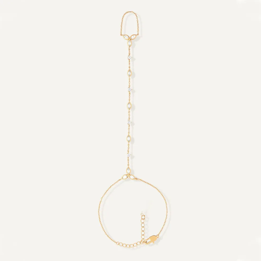 Gold Plated Hand Chain for Women White Zircon Crystal Long Chains Finger Bracelet Girls Bride Wedding Jewelry Accessories Ring