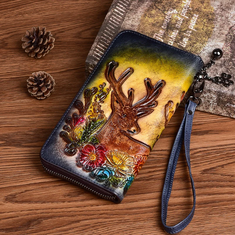 MOTAORA Vintage Women Long Wallets Deer Pattern Bag Genuine Leather Handmade Embossing Ladies Wallet Phone Bags Woman Purse