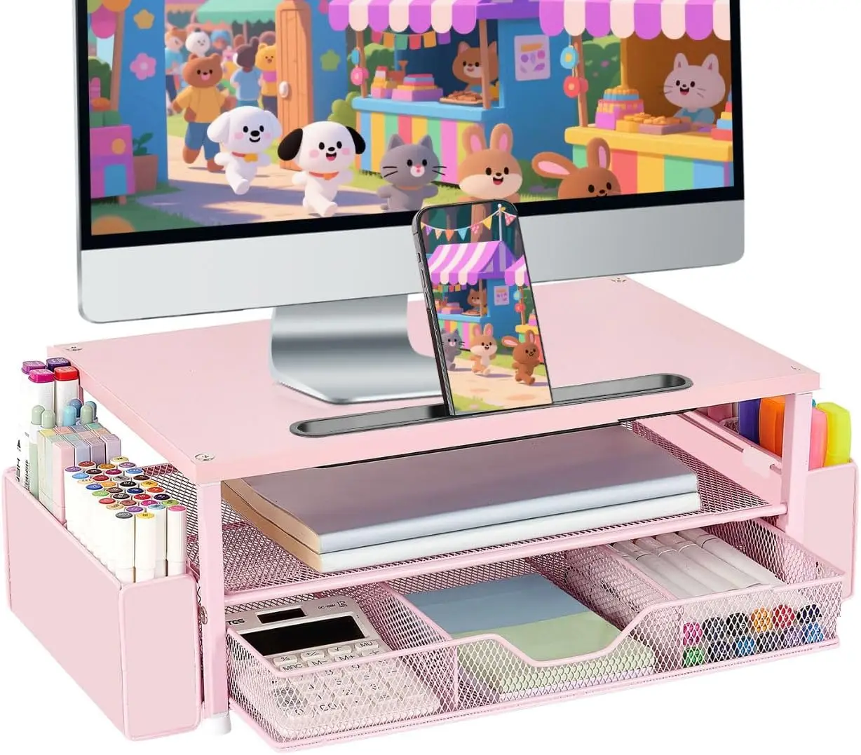 Pink Wood Monitor Stand with Drawer 1