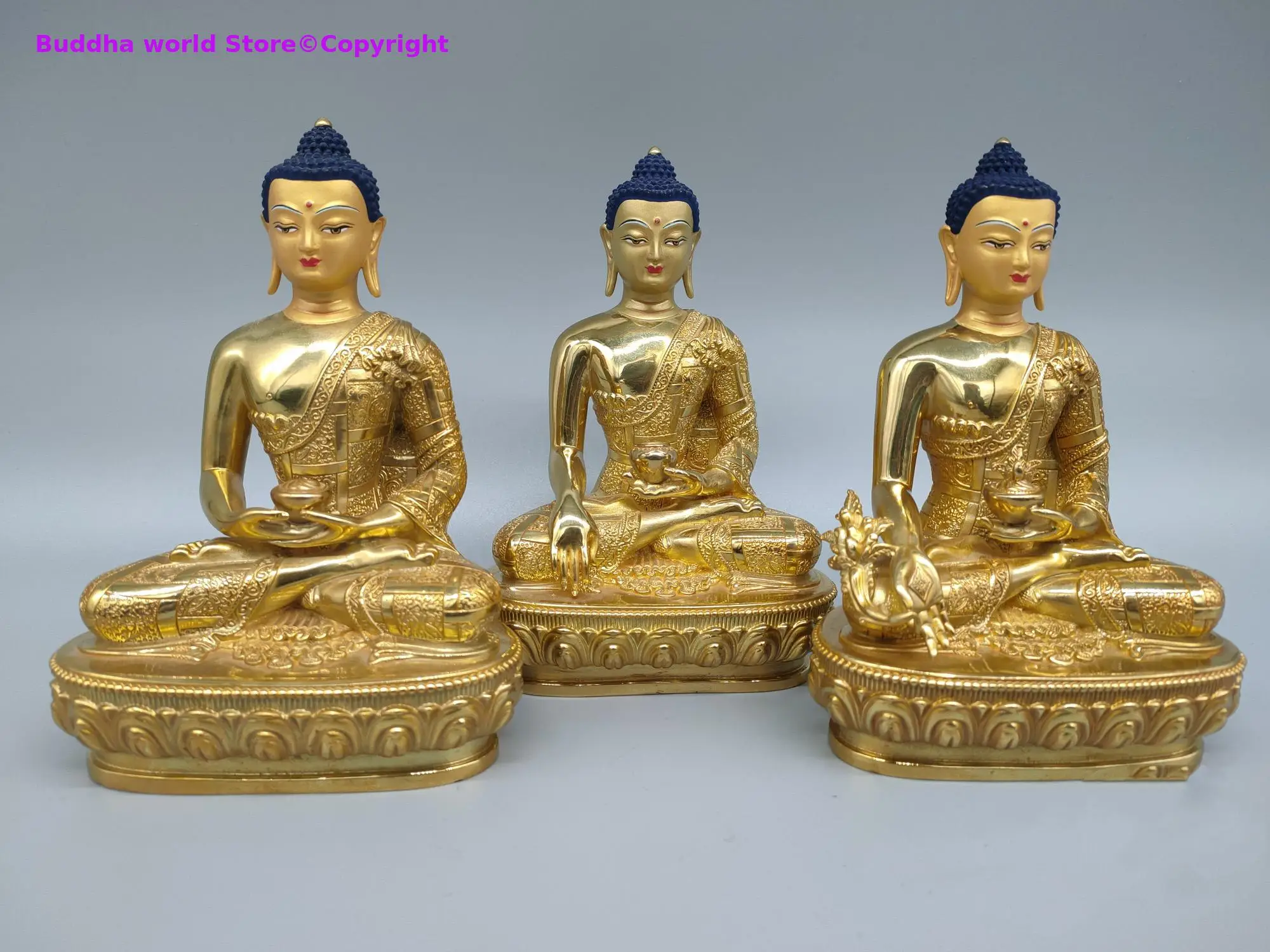 

3PCS # 5A GOOD wholesale Buddhism supplies Sakyamuni Amitabha Herbalist buddha statue all-powerful buddha Gold plating copper