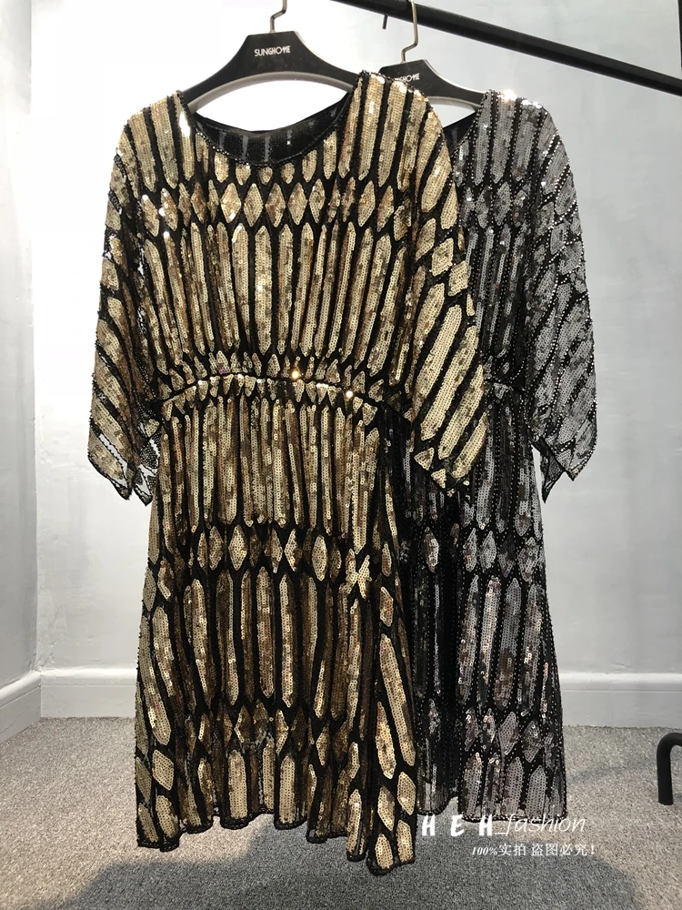 

European Station Spring New Sequin Dress Mid-length Tide Brand Heavy Industry Large Size Loose Shiny Dress Skirt