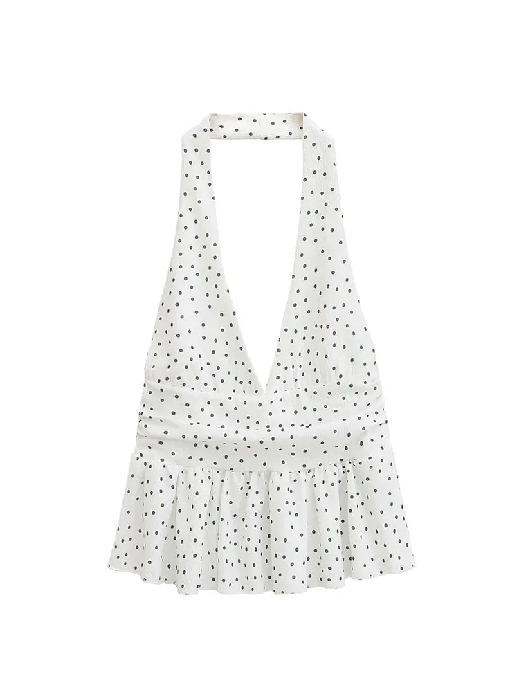 HH Women Vintage Solid Halter Vest Hem Ruffled Lady Sexy Backless Sleeveless V Neck Tops Summer Thin Casual Holiday Chic Top