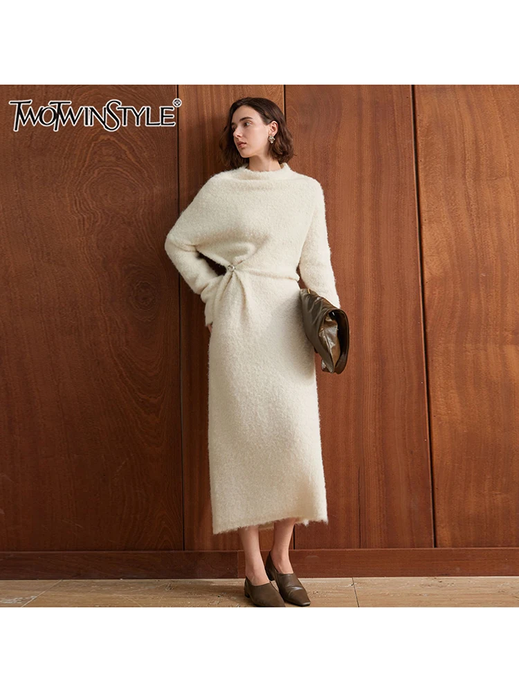 VGH solid two piece set for women Diagonal collar long sleeve spliced button top high waist a line skirt temperament sets female