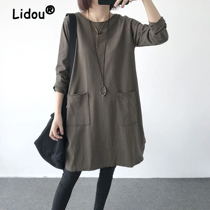 

Women Vintage Casual Streetwear Oversized Pockets Basic T Shirt Dress Autumn Female Solid Color O Neck Long Sleeve Mini Dresses