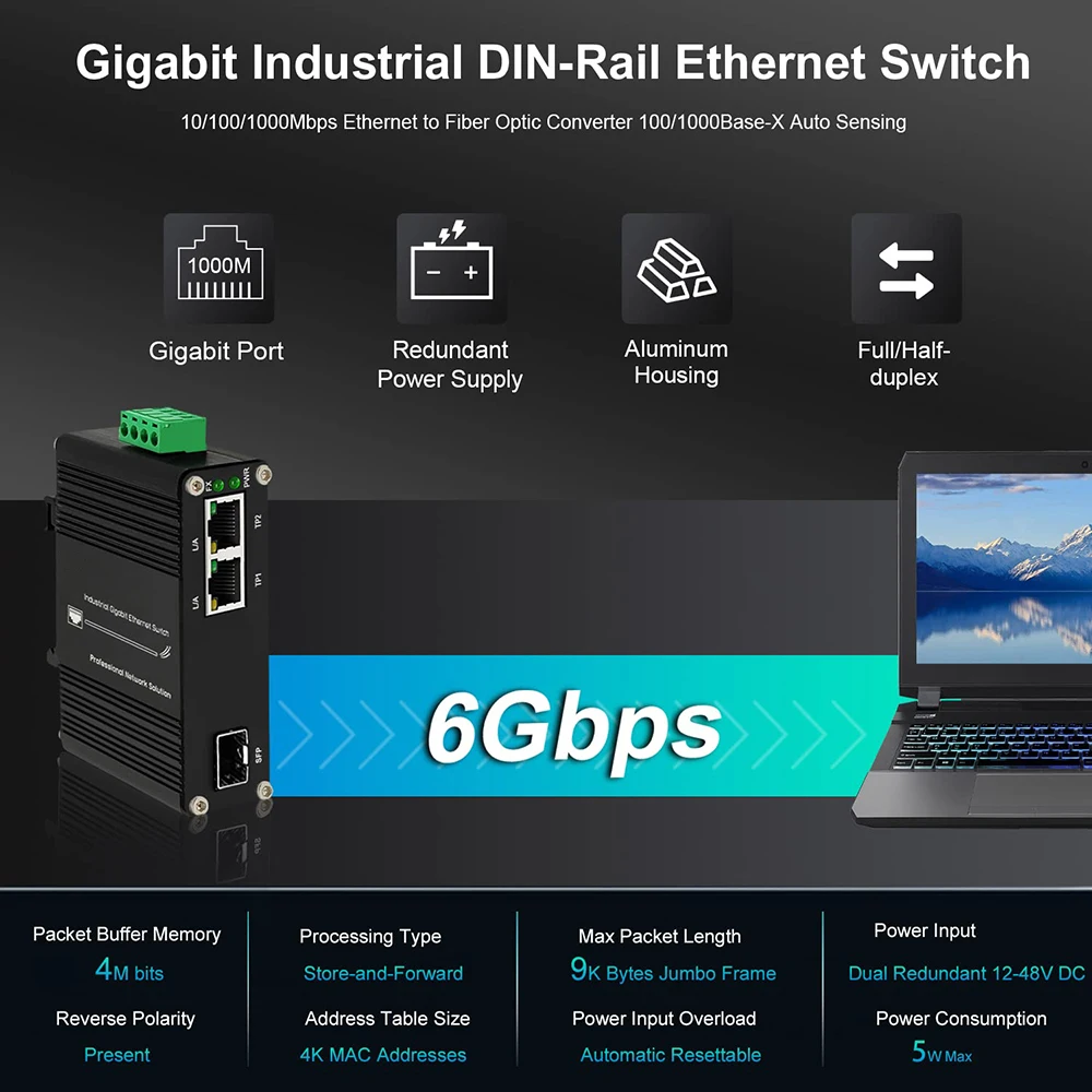 미니 산업용 2포트 기가비트 이더넷 스위치 DIN 레일 장착 강화형 2 * 10/100/1000Mbps 이더넷 광섬유 변환기