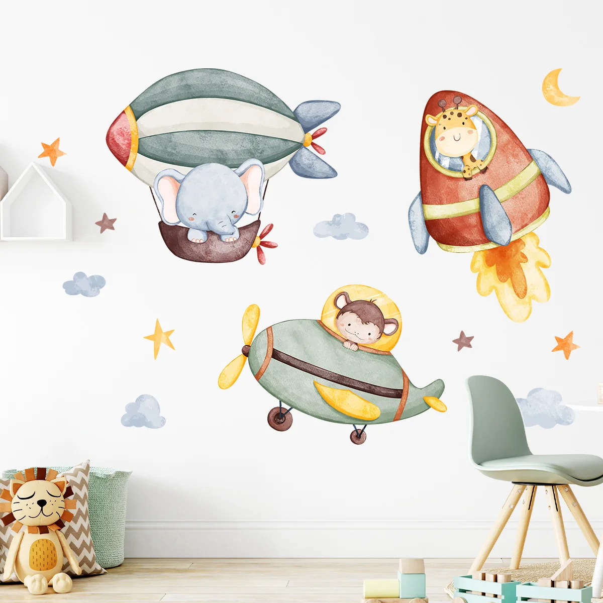 Cartoon Animal Rocket Airplane Hot Balloon Wall Stickers For Kids Room Baby Boys Room Wall Decor Stickers Carta Da Parati Per L'Asilo