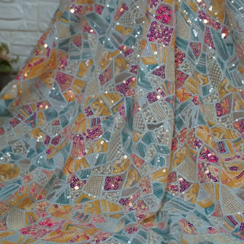 

1 Yard Colorful , Heavily Sequins Embroidery tulle Lace Fabric For Birthday Party Dress, Evening Ball Gown, clothing costume