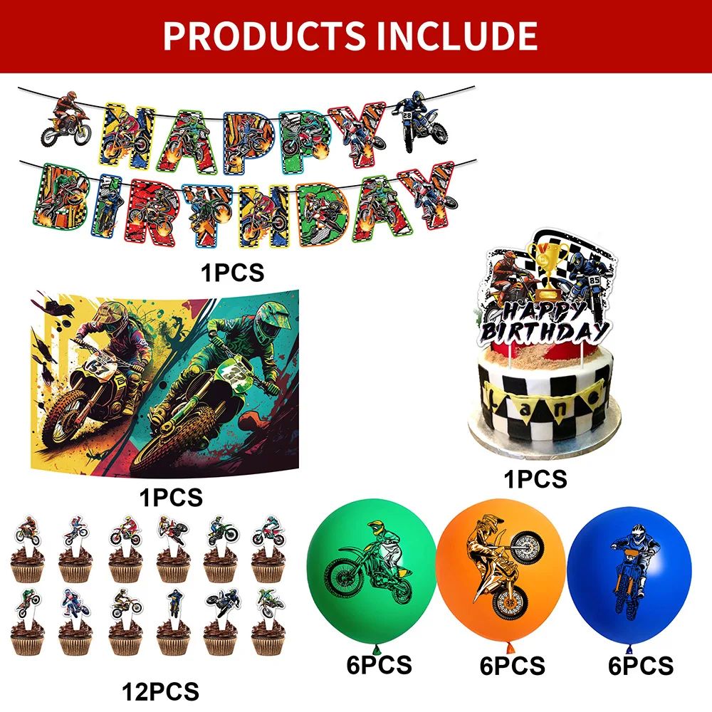 Motorrad-Thema Happy Birthday Banner Teller Tortendekoration Helm Motocross Ballon Dirt Bike Geburtstagsdekoration Partyzubehör – Detail 8