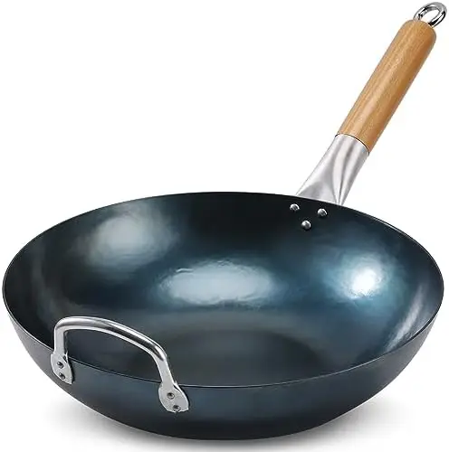 

Bottom Wok Pan - 13.5" Pre-Seasoned Carbon Steel Wok No Chemical Coating Traditional Hand Hammered Woks & Stir-Fry Pans Silicon