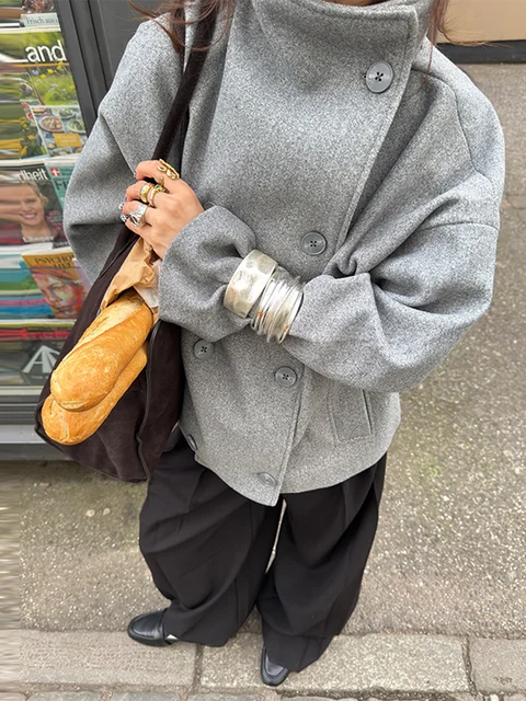 Elegant Women's Coat High Stand Collar Full Sleeve Double Breasted Solid Female Coats 2025 Autumn Fashion High Street Lady Top 1