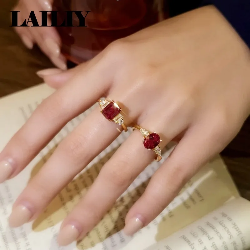 LAILIY 18K 골드 다이아몬드 사각형 비둘기알 모양 루비 조절 가능 반지 여성 패션 주얼리