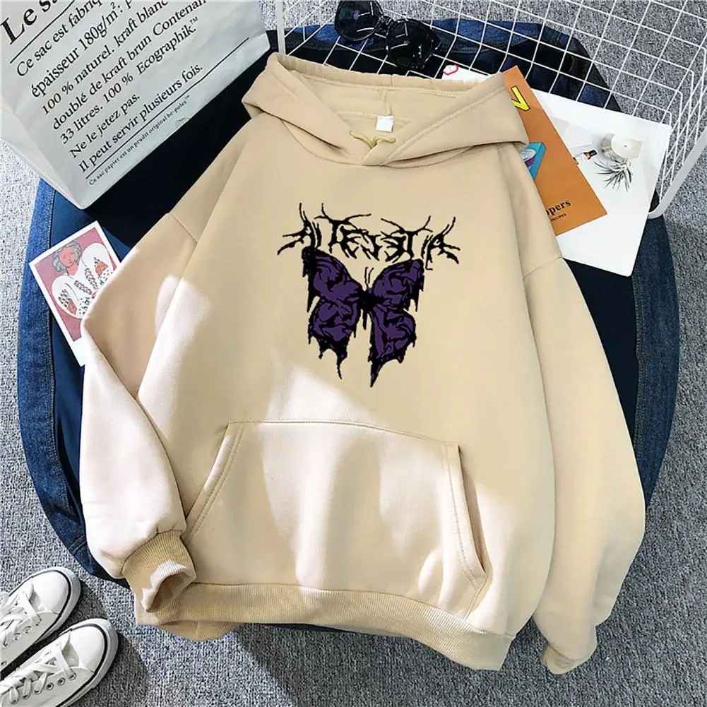 

Women Autumn Hoodie Butterflies Printing Hooded Hat Long Sleeves Big Pocket Keep Warm Loose Elastic Cuff Winter Hoodie For Daily