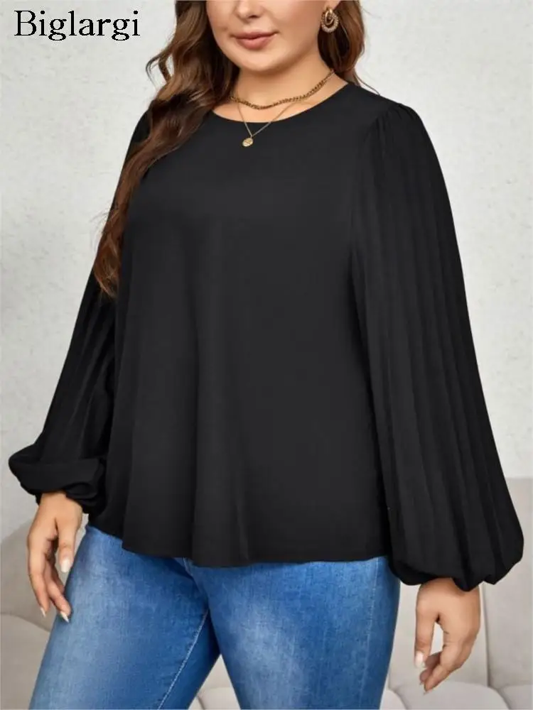

Plus Size Autumn New Long Sleeve Tops Women Casual Loose Pleated Ladies Cropped Blouses Office Fashion Black Woman Tops 2023