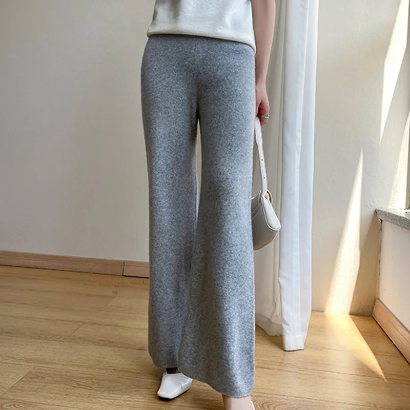 Jueqi Autumn and Winter New Women's Four Cashmere Flat Knitted Pants 100% Pure Wool Wide Leg Pants MX-23602