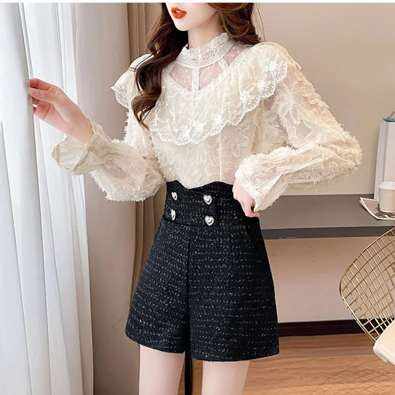 Women Autumn Winter New High Waisted Woolen Shorts Trendy Irregular Double Breasted Pockets Casual and Versatile Wide Leg Shorts