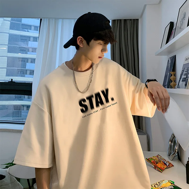 

EBAIHUI American Retro Men's Short Sleeved T-shirt Apricot Oversized Style Male T Shirt Summer Loose Round Neck Printed Tee