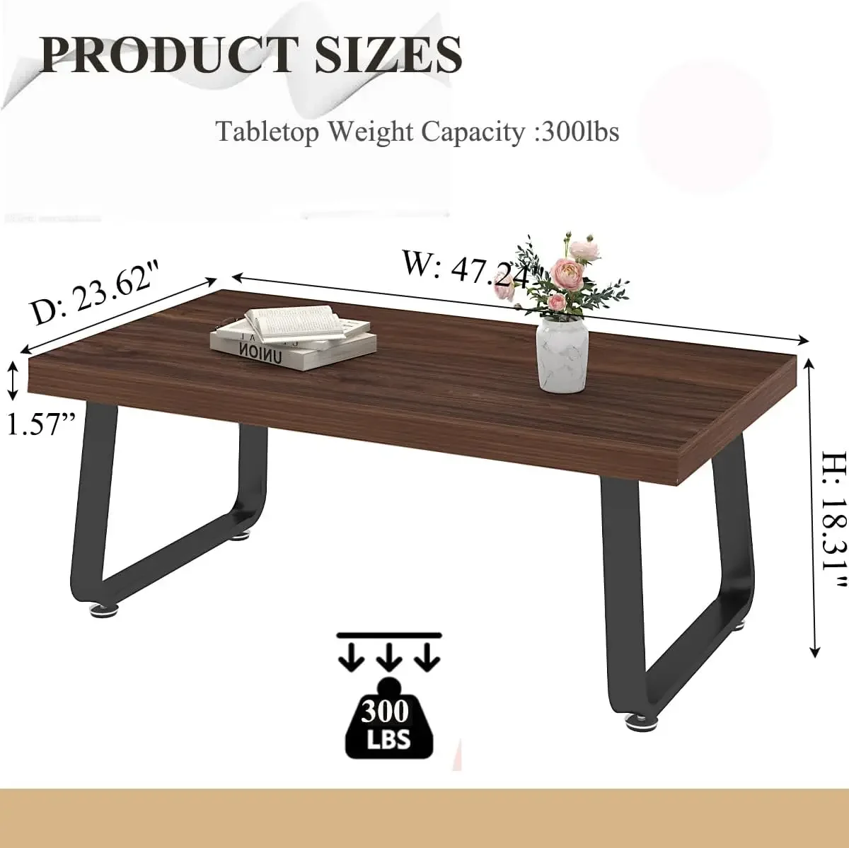 Rustic Walnut Coffee Table, Mid Century Modern Center Table, Rectangle Industrial Living Room Coffee Table, Walnut, 47 in 2