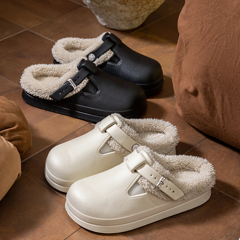 Waterproof EVA Furry Mules Slippers Women Metal Buckle