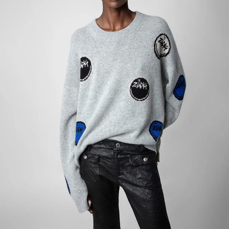 

Zadig Loose Sweaters Women Grey Cashmere Sweaters Casual Crew Neck Knitwear Smiley Jacquard Pullover 2023 New Winter Tops Female