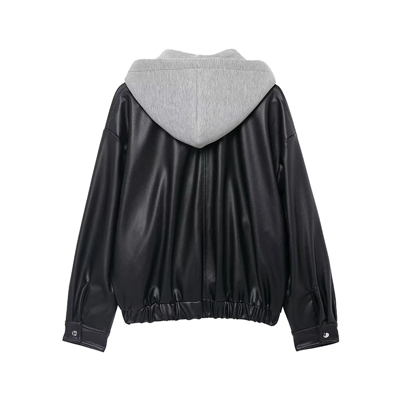 Women's Jacket Autumn Winter 2025 New Fashion Leather Splicing Hooded Jackets Women Coat Casual Long Sleeve Zipper New Outerwear