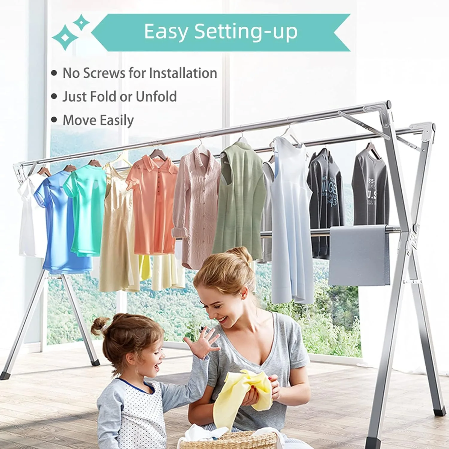 Clothes Drying Rack 79 inch Heavy Duty Stainless Steel Laundry Drying Rack Foldable &Length Adjustable Space Saving Garment Rack 6