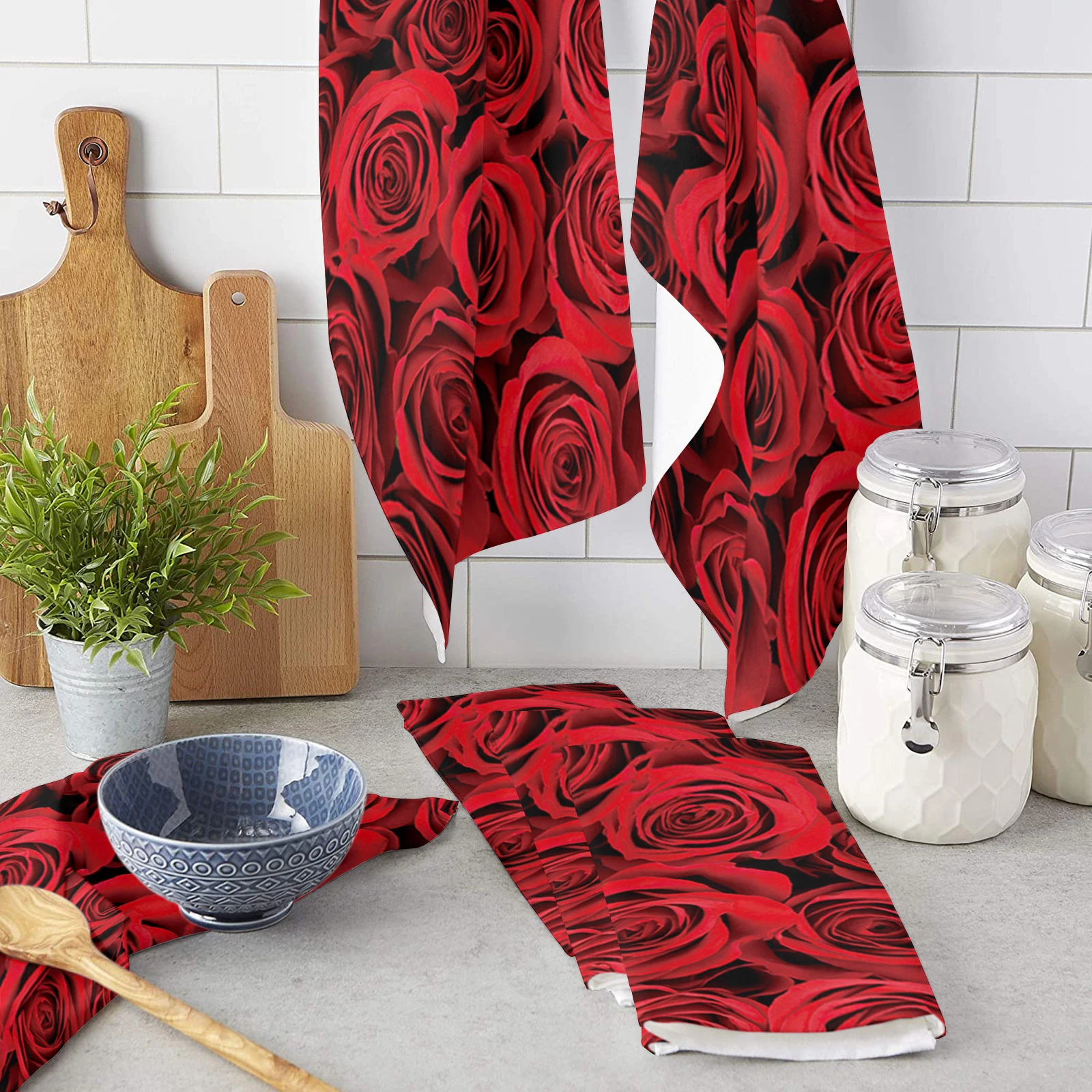 Red Rose Flower Kitchen Towel Set Cleaning Cloth Kitchen Accessories Dish Washing Cloth Household Decoracion