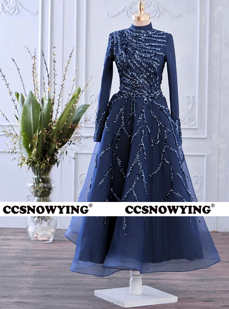 

Royal Blue Luxurious Exquisite Appliques Organza Long Sleeve High Neck Evening Dresses Prom Dress Formal Occasion Dresses