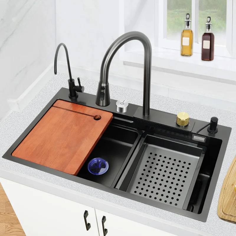 

Matte Black Nano Kitchen Sink Above Mount Washing Basin with chopping board 304 Stainless Steel Single black kitchen sink