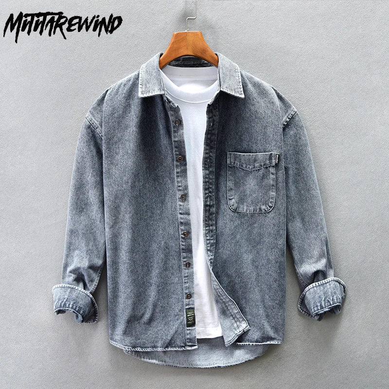 

Japanese Retro Denim Shirts for Men 100% Cotton Comfortable Casual Shirts Solid Pocket Long Sleeves Shirt Simple Loose Jean Tops