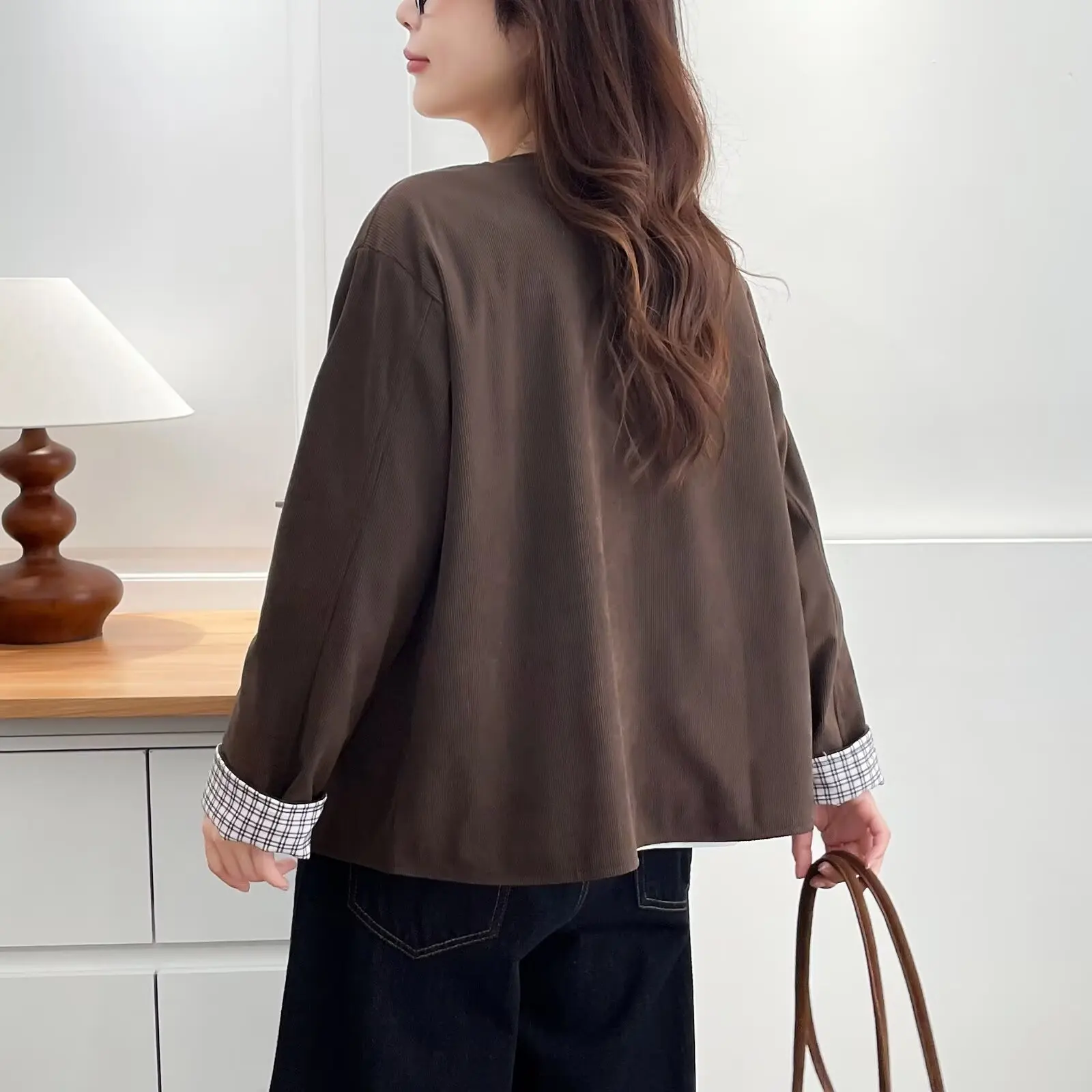 XXXXL New Stylish Plaid Cuff Corduroy For 2025 Autumn Coat Fashion Plus Size Women's Jacket