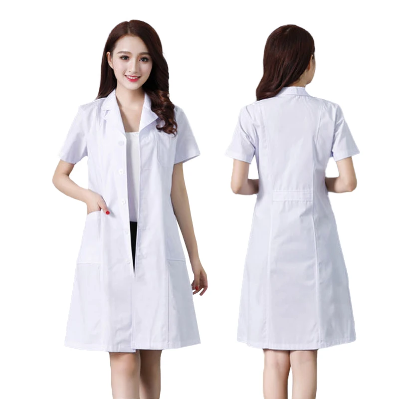 Hospital Clinical Uniforms Scrubs Lab Coat Pharmacy Short Sleeve Nurse Doctor Dress Medical Robe Women White Coat