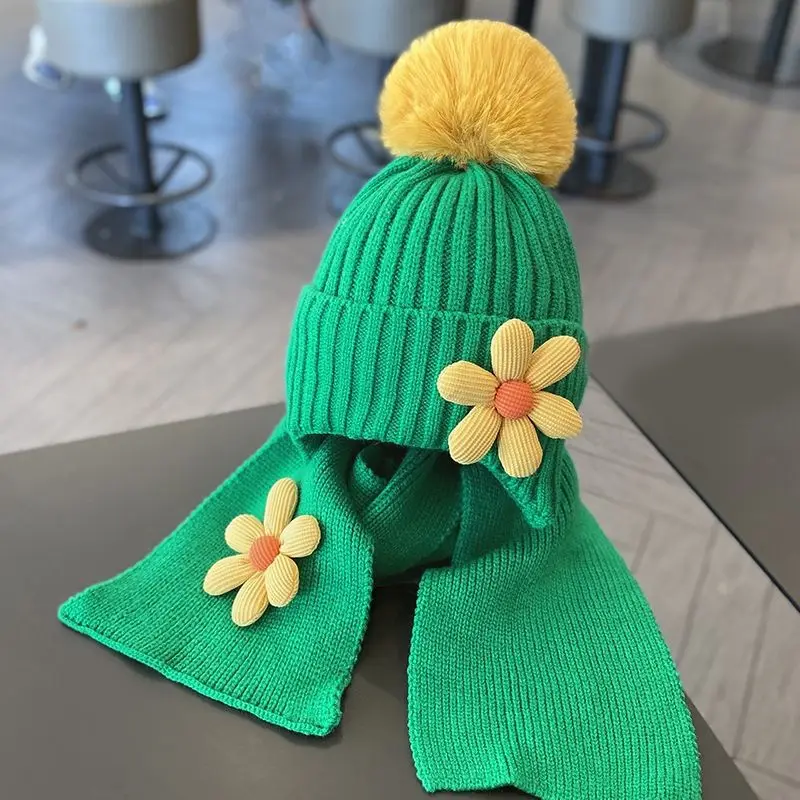Cute Floral Children Hat Winter Soft Warm Knitted Girl Hats Beanie Solid Color Infant Toddler Cap Bonnet Kids Caps 1-5 Years Old