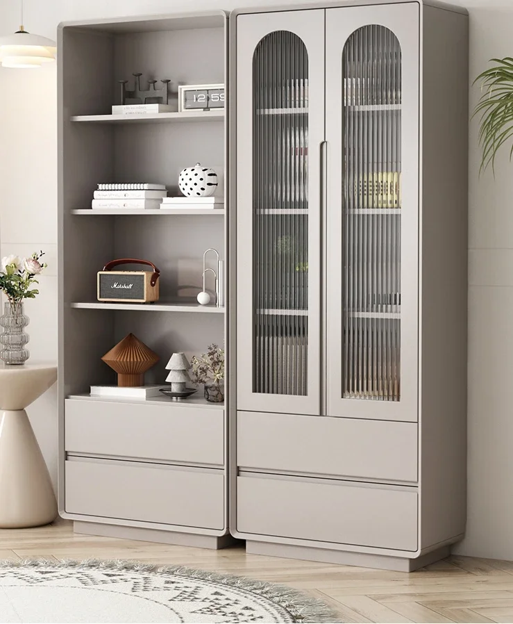 

Solid Wood Bookcase with Glass Doors, Cream Style Cabinet, Storage Shelves, Bookcases, Floor-to-ceiling Cabinets