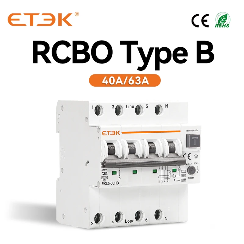 ETEK tipo B RCBO interruttore automatico residuo 10KA 3P + N 4P 40a 63a protezione contro le perdite di sovracorrente 30mA EKL5