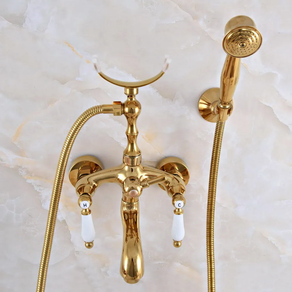 

Полированный настенный смеситель 2na955 с двойной ручкой из золотистой латуни для ванной комнаты и ванны, набор с ручным смесителем для душа 150 см