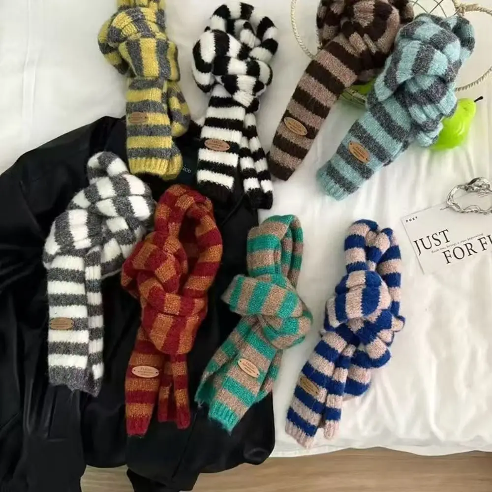 Korean Style Black Grey Stripe Women Long Scarves Cotton Knitted Y2K Girl Scarf Warm Neck Slim Skinny Scarf Fashion Streetwear