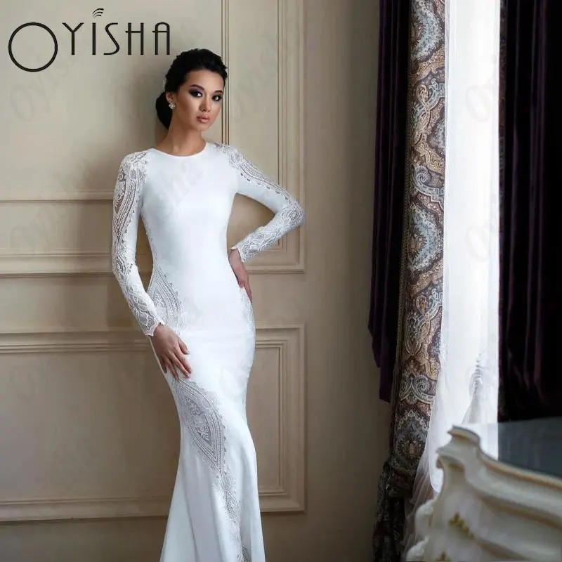 OYISHA Mermaid Appliques Muslim Wedding Dresses Elegant Satin O-Neck Full Sleeve Bridal Gowns Button Classic Vestido De Mariages 2